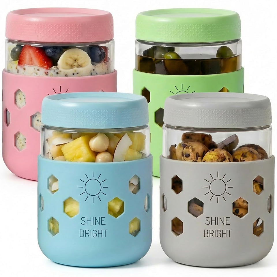 Lazyshine 16 oz overnight oats jar with silicone sleeve for safe, non-slip meal prep