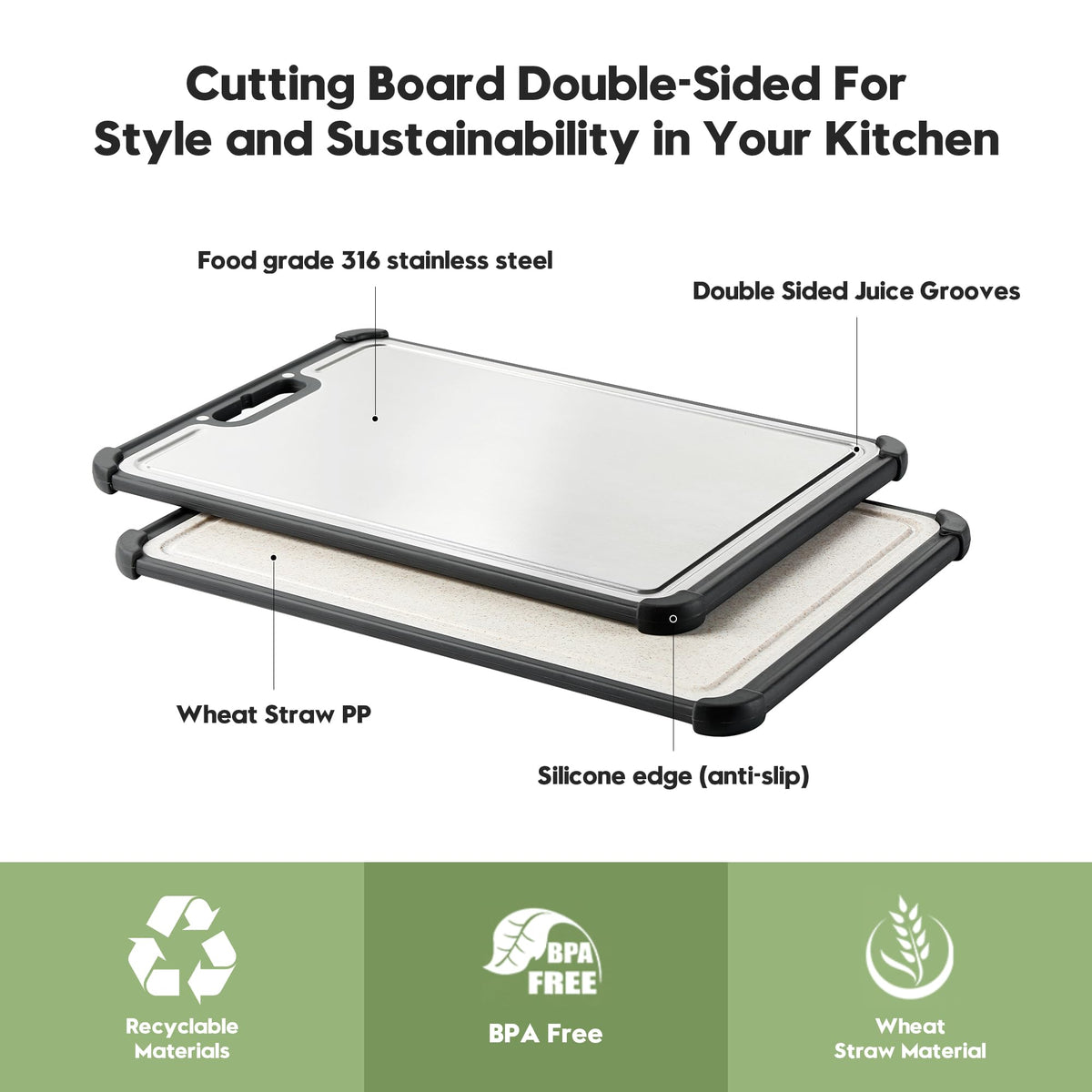 LBD double-sided cutting board with reversible surfaces for versatile prep tasks.