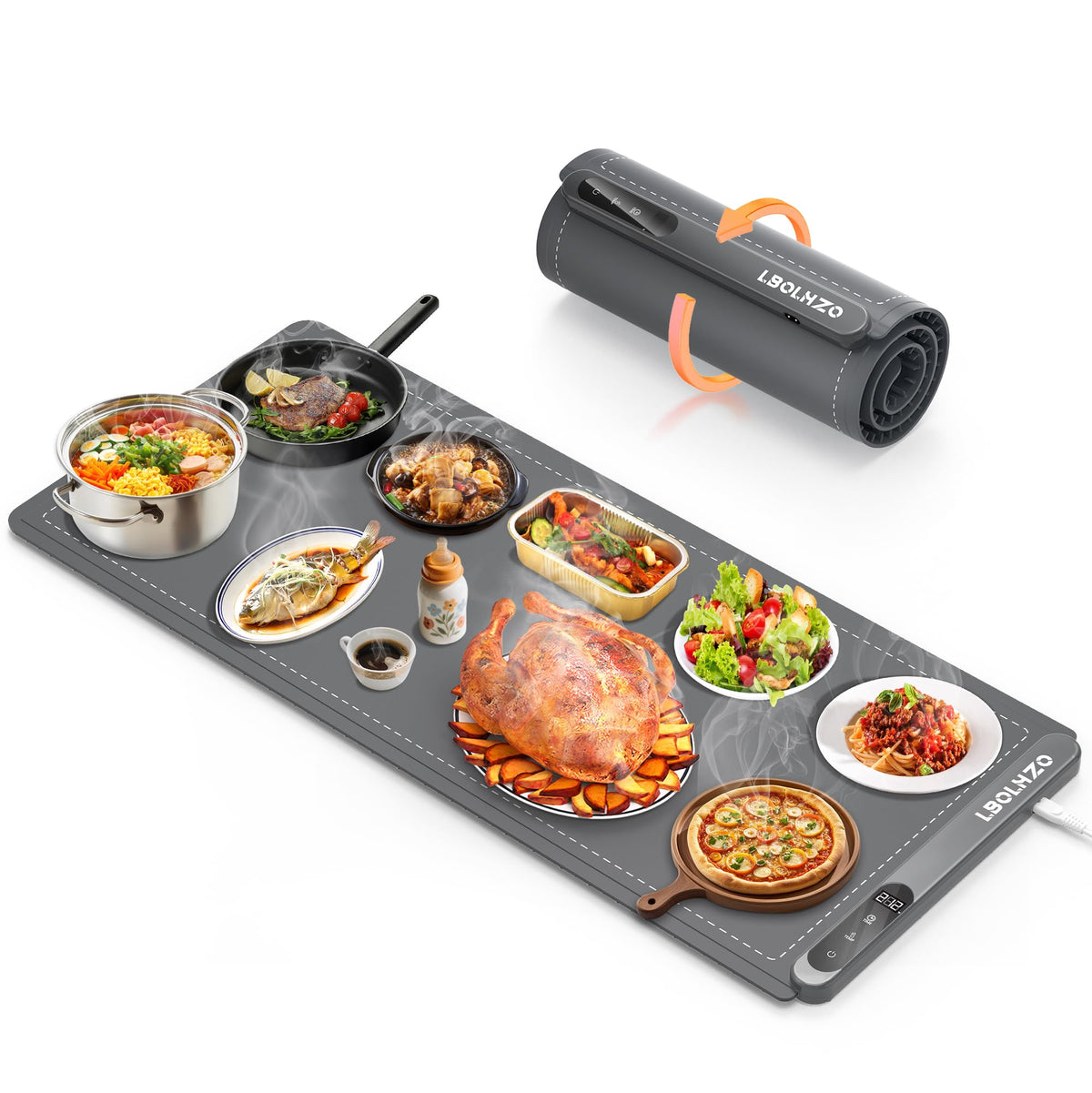 LBOLHZO extralarge warming mat in use for buffet service, displaying even heat distribution