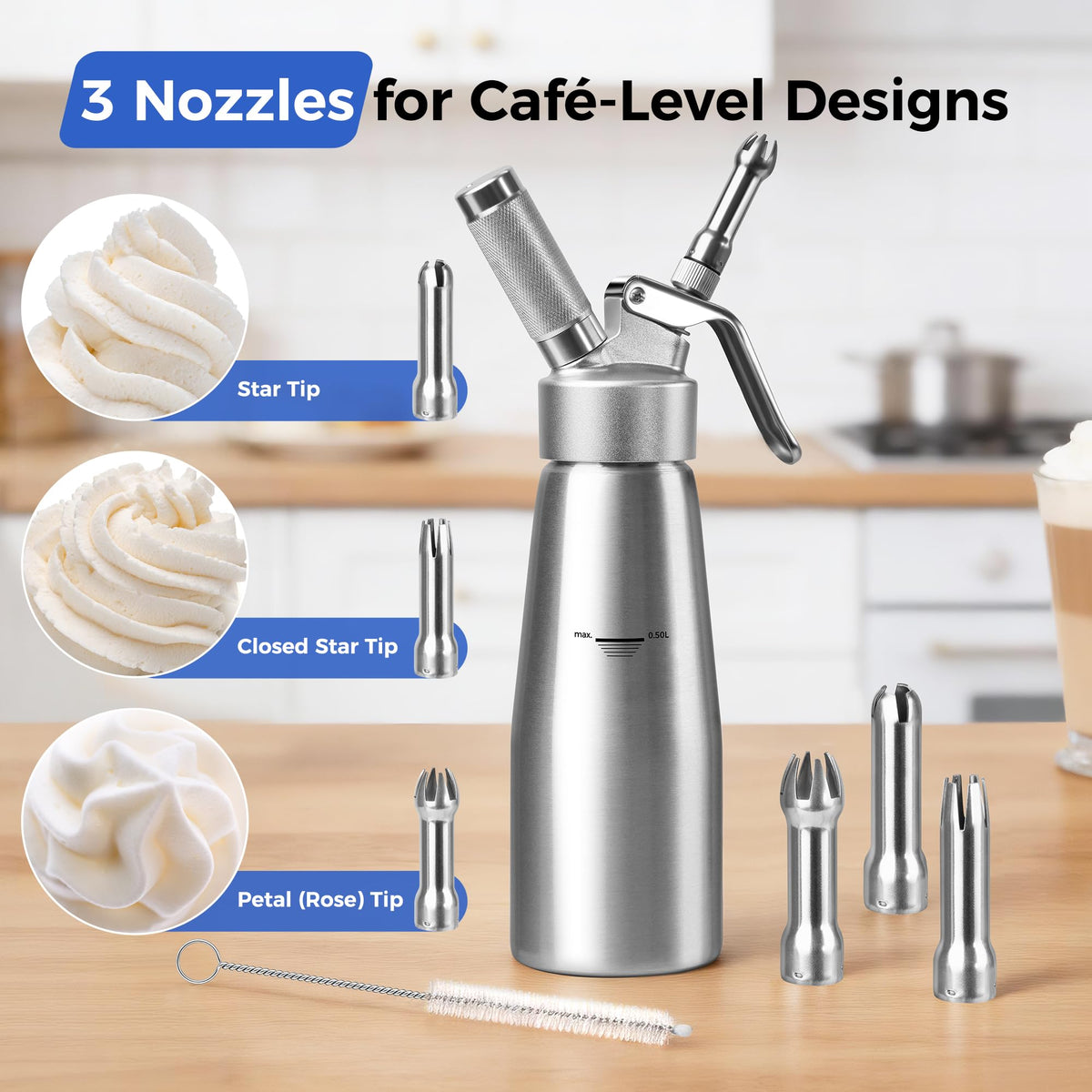 lbsddd professional aluminum whipped cream dispenser with 3 stainless steel nozzles for versatile toppings