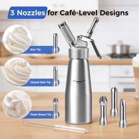 lbsddd professional aluminum whipped cream dispenser with 3 stainless steel nozzles for versatile toppings