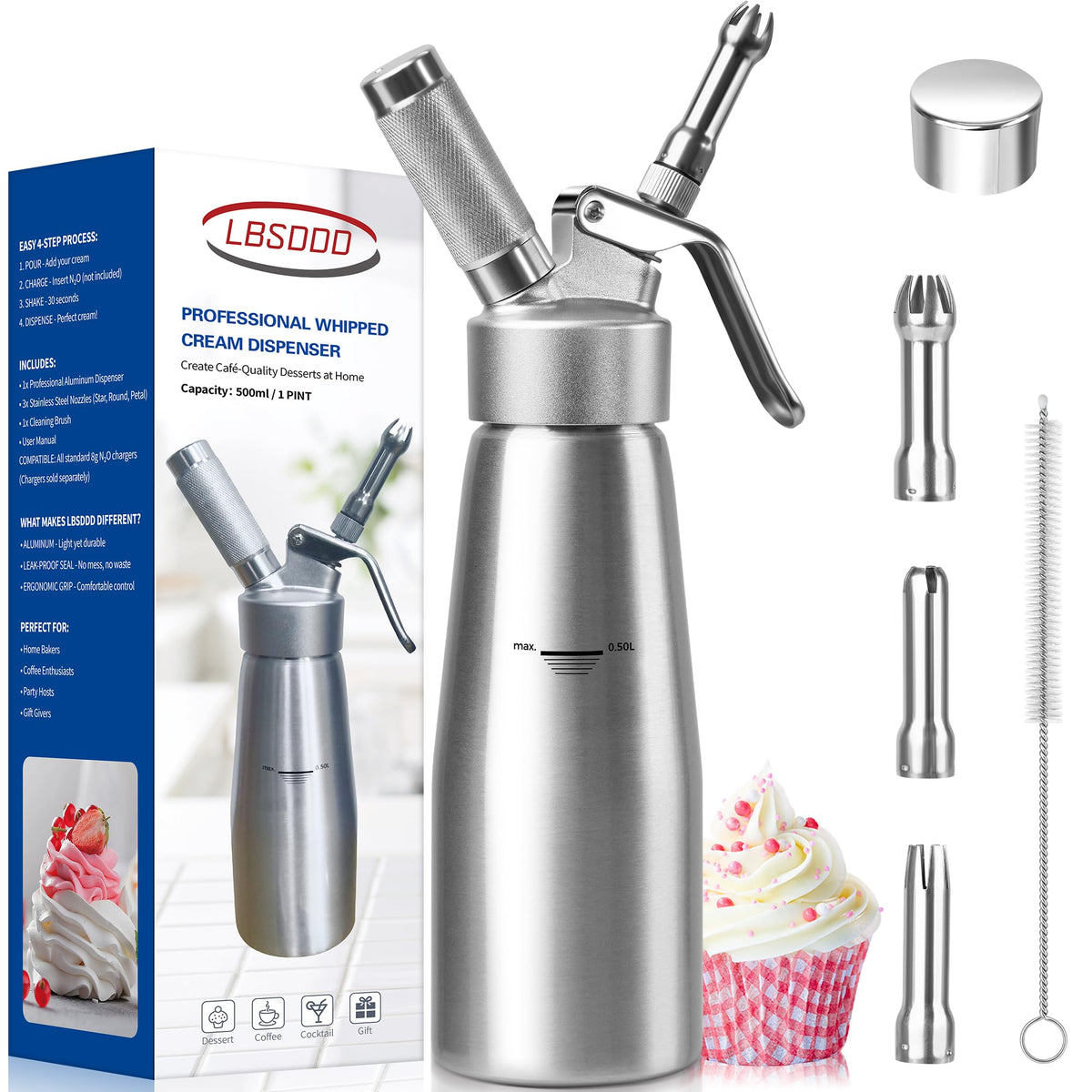 lbsddd professional aluminum whipped cream dispenser 500ml pour for café-style toppings at home