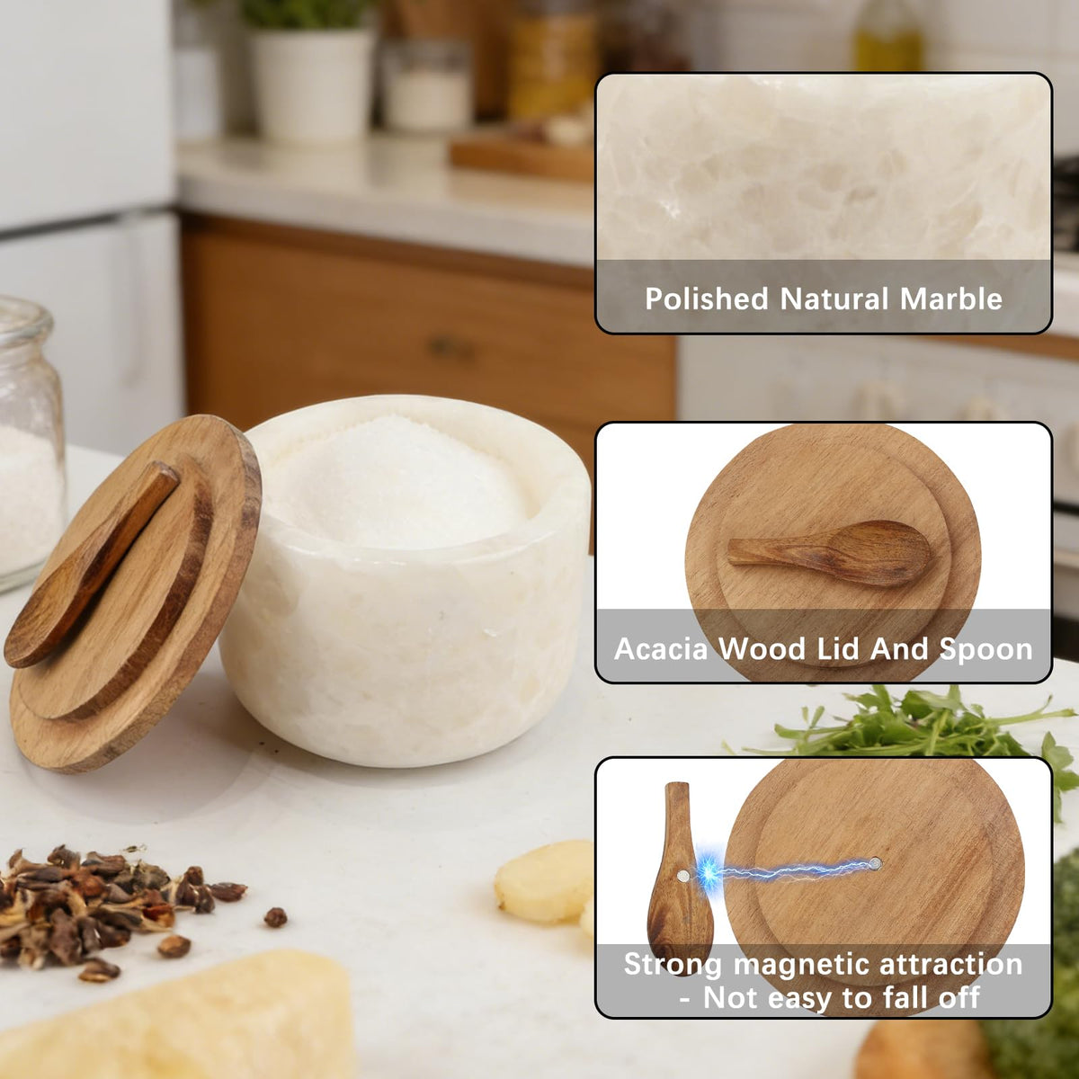 Lc.Courage acacia wood lid close up shows natural grain and secure fit.