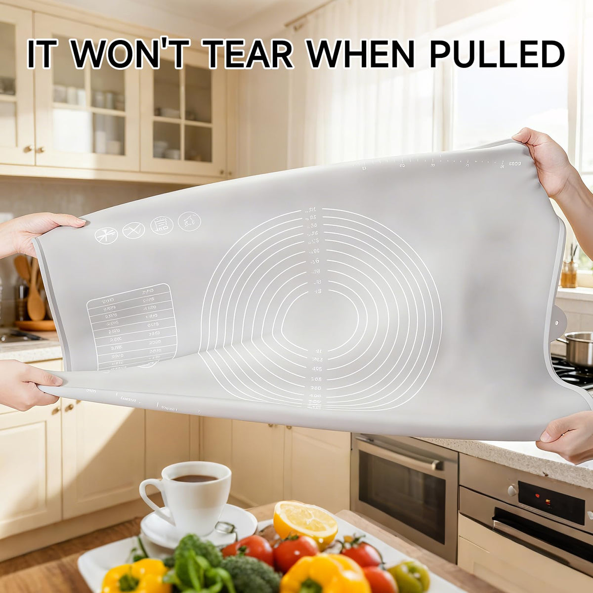 LCOCWMY large baking mat protects surfaces from heat and flour mess.