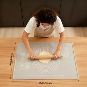LCOCWMY 31x24 mat shows dual-scale measurements for precise dough portions.