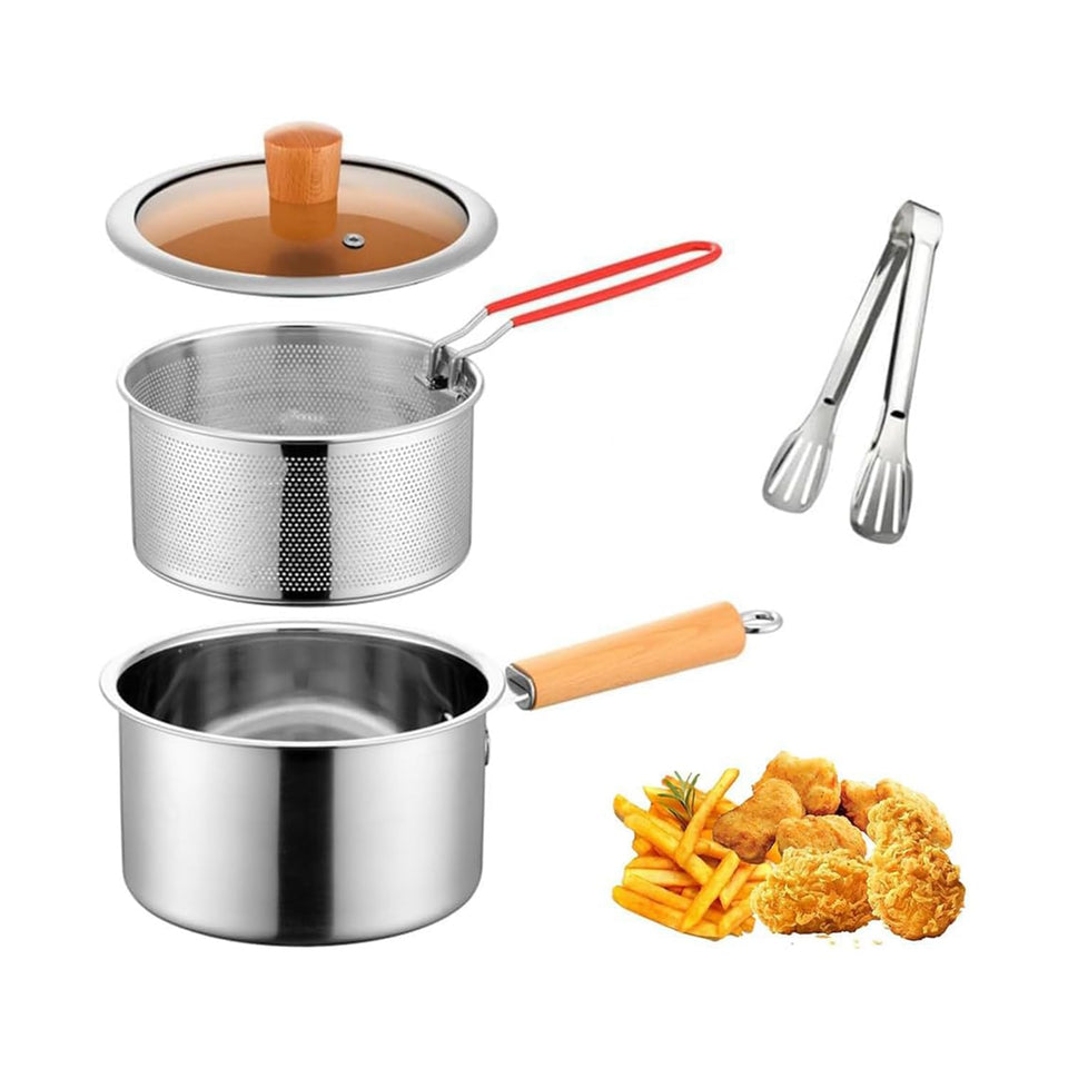 LCYHOMIEE small stainless fryer pot with wood handle, durable for everyday frying.