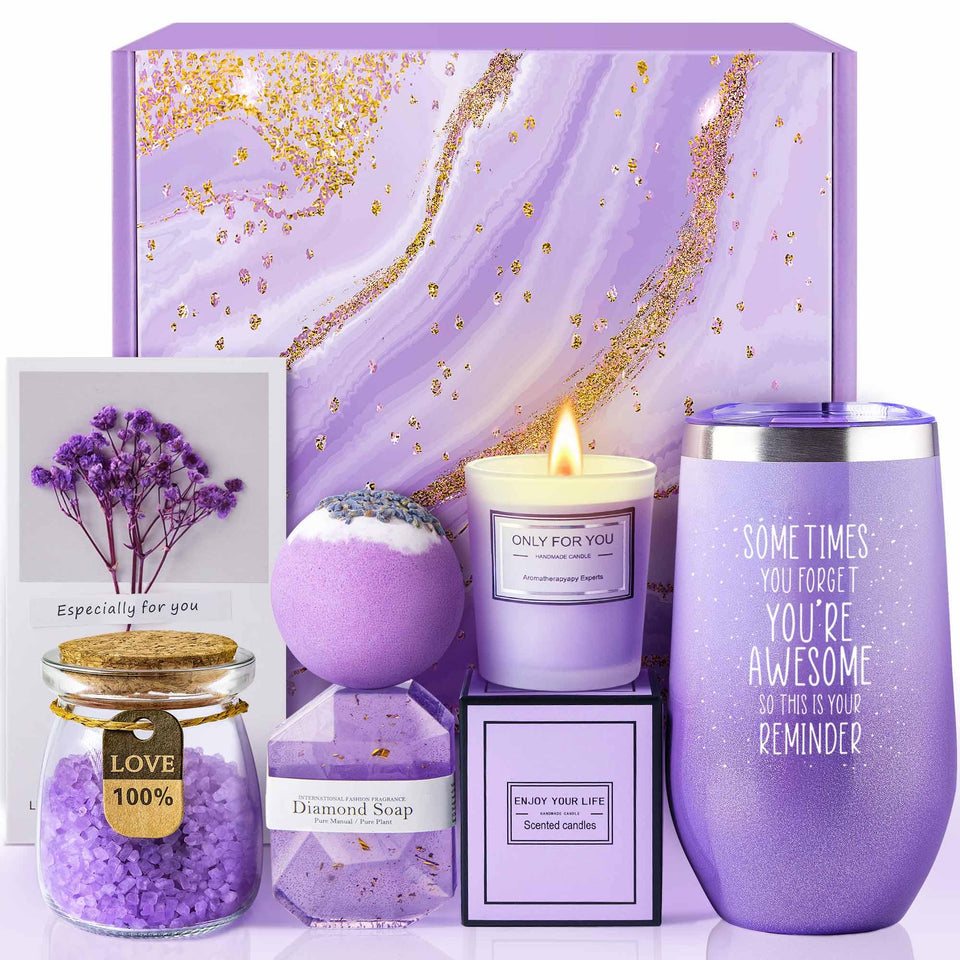 LE CADEAU lavender gift basket display promotes relaxation for her.