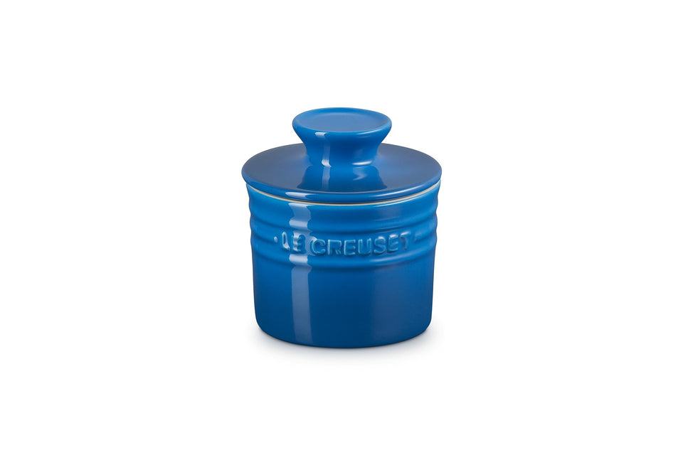 Le Creuset butter crock Marseille in use with airtight seal for spreadable butter