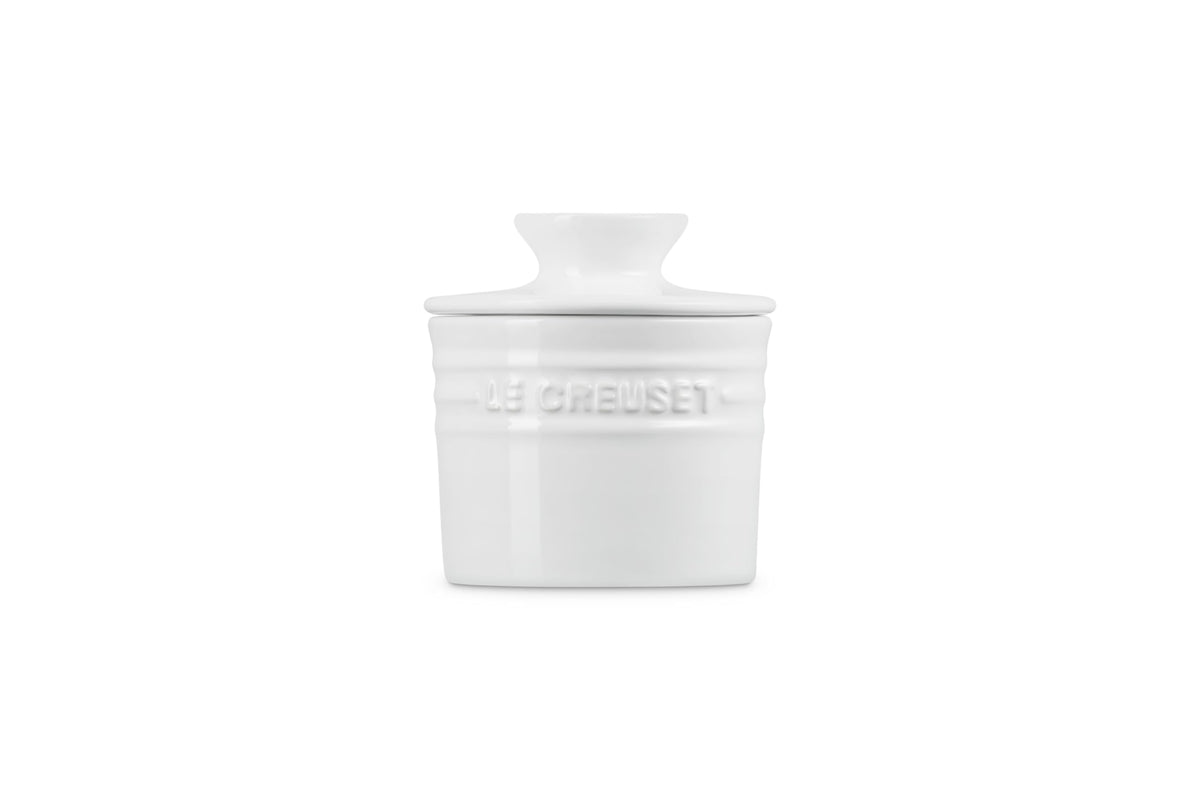 Le Creuset butter crock showing dishwasher safe stoneware for easy cleanup