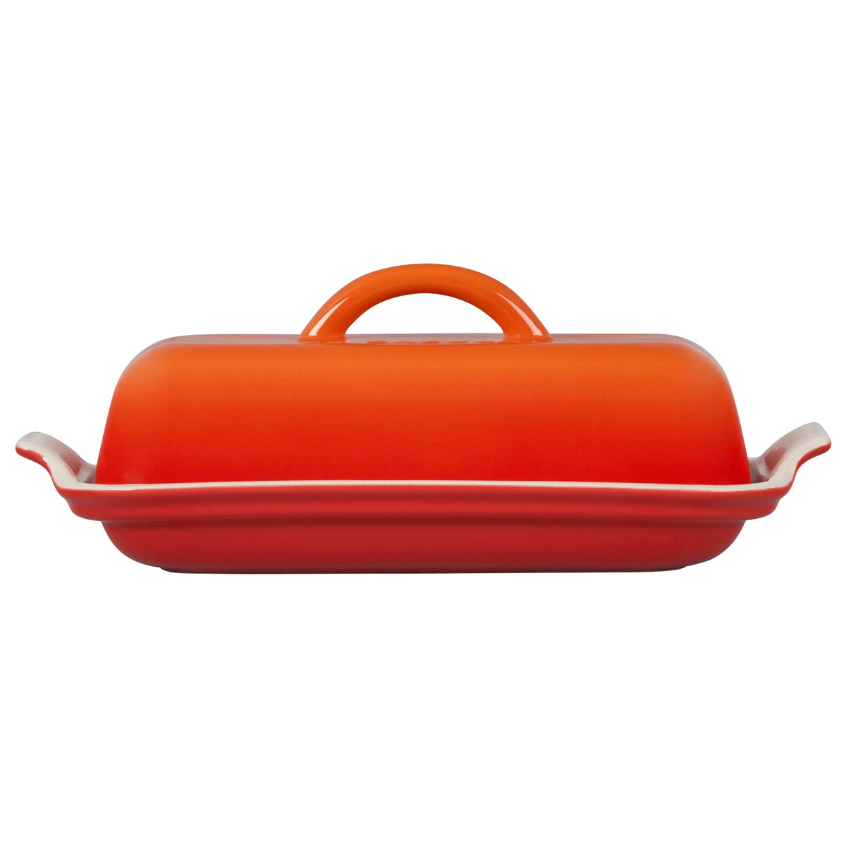 Le Creuset Heritage Flame butter dish, dishwasher-safe for simple cleanup.