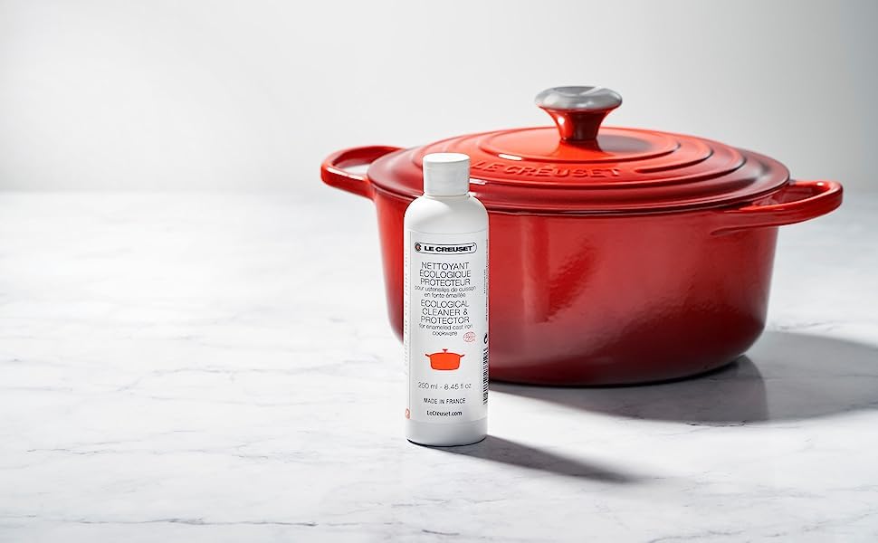 Le Creuset cleaner label shows Made in France and enamel care