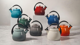 Le Creuset Cloche Kettle Sea Salt halo handle view highlighting safe, cool grip