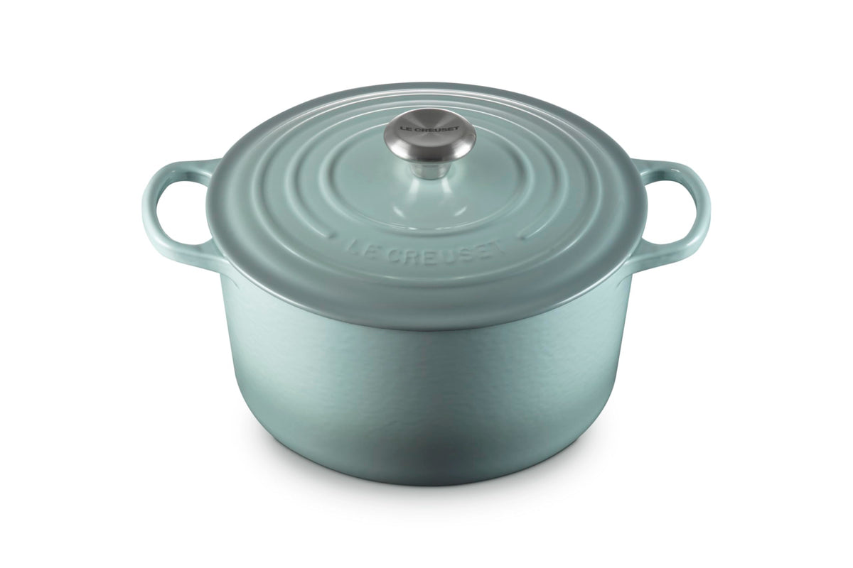 Le Creuset Deep Round Oven Sea Salt, front view showing color and even heat