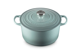 Le Creuset Deep Round Oven Sea Salt, front view showing color and even heat