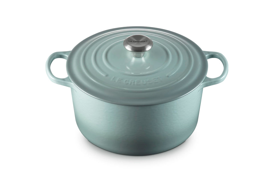 Le Creuset Deep Round Oven Sea Salt, front view showing color and even heat