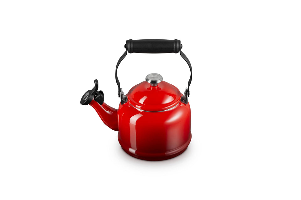 Le Creuset Demi Tea Kettle Cerise body heats water quickly for tea and coffee.