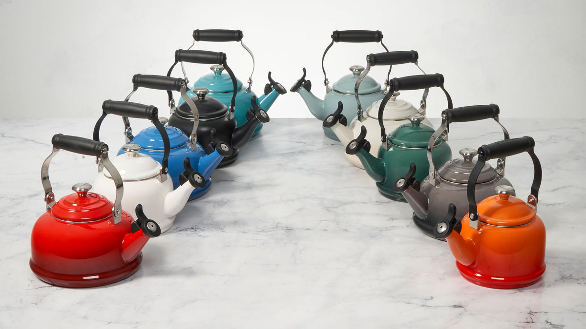 Le Creuset Demi Tea Kettle Sea Salt whistle alerts when boiling