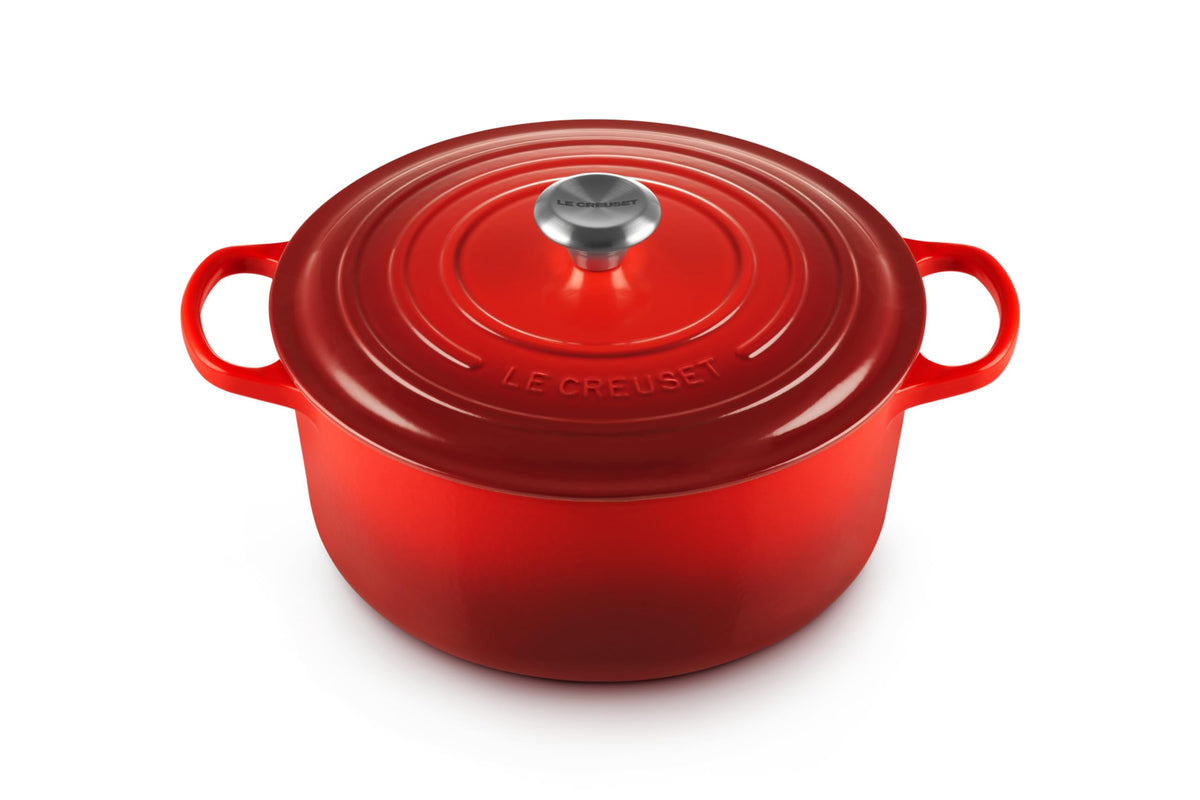 Le Creuset Cerise round 7.25 qt Dutch oven with vibrant enamel for braising