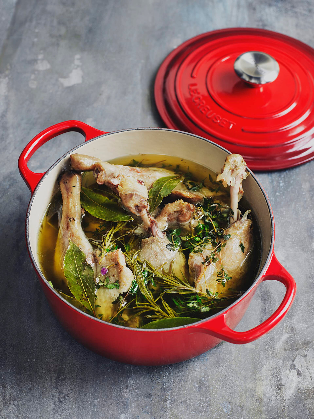 Le Creuset Cerise round interior enamel helps monitor cooking progress