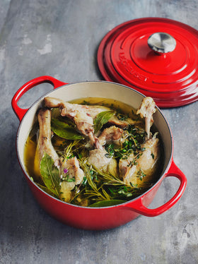 Le Creuset Cerise round interior enamel helps monitor cooking progress