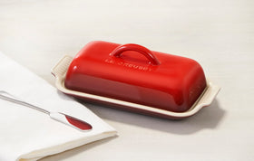 Le Creuset Heritage Butter Dish Cerise dishwasher-safe finish for quick cleanup