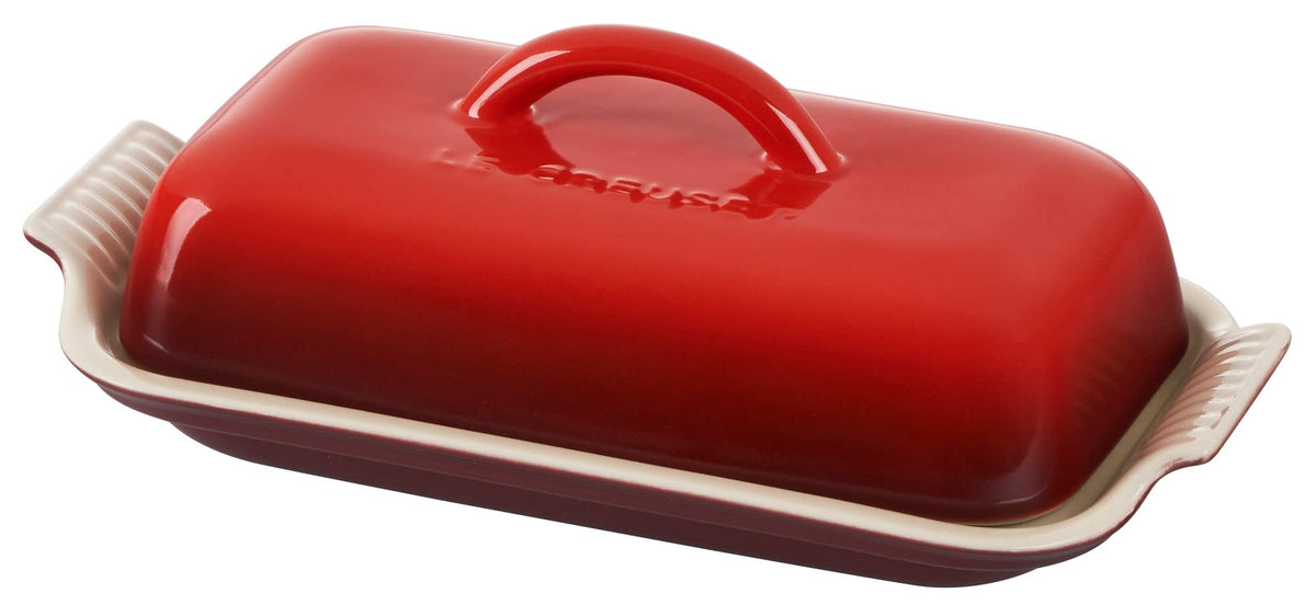 Le Creuset Heritage Butter Dish Cerise in-fridge view preserves butter freshness