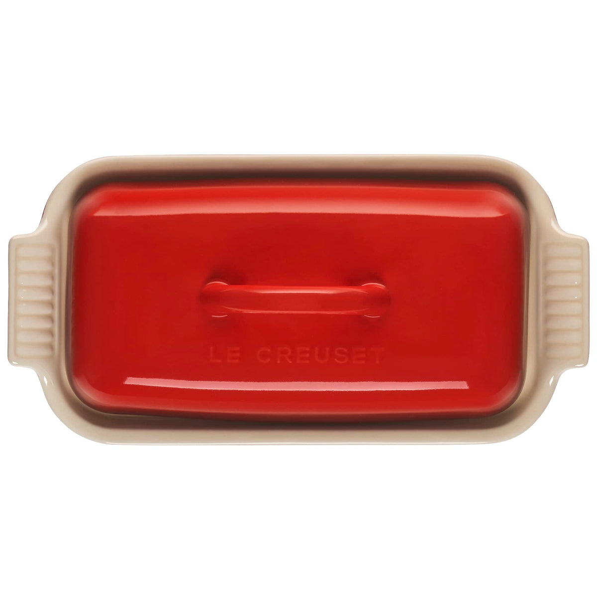 Le Creuset Heritage Butter Dish Cerise lid close-up highlights vibrant glaze