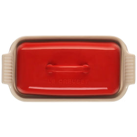 Le Creuset Heritage Butter Dish Cerise lid close-up highlights vibrant glaze