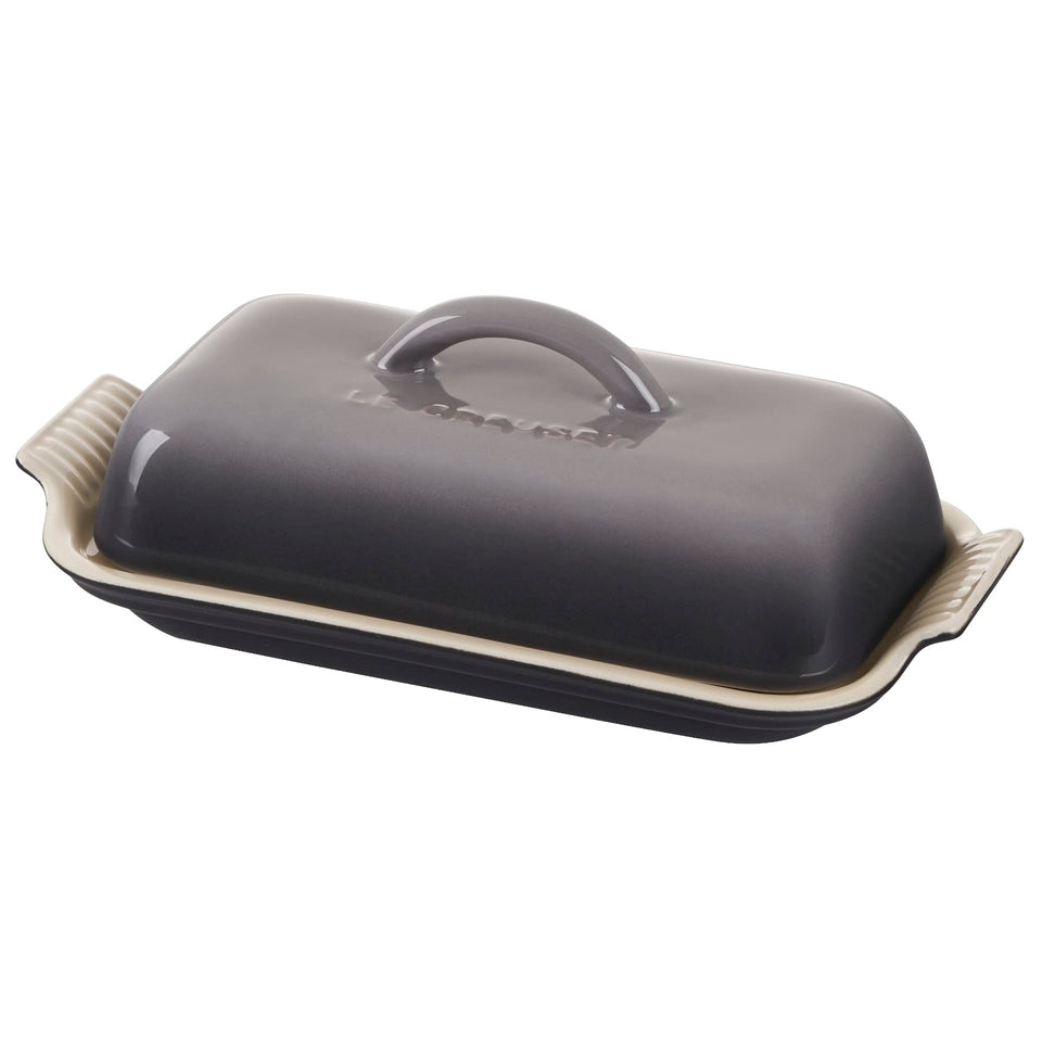 Le Creuset Heritage Butter Dish Oyster front view, ready for easy butter serving.