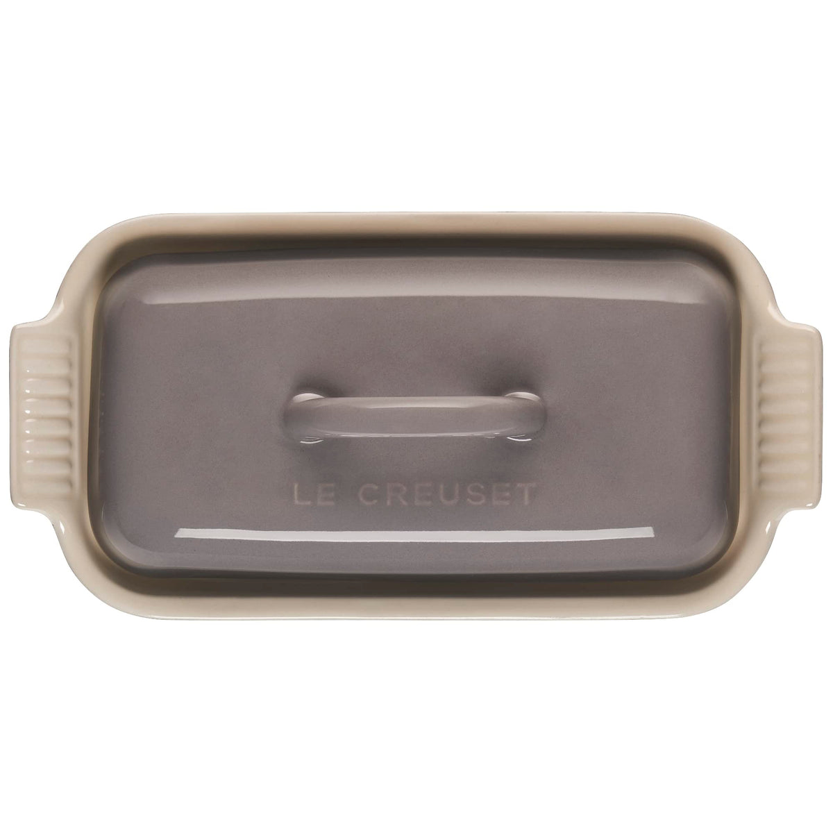Le Creuset Heritage Butter Dish Oyster with butter, highlights smooth glaze and cleanup.