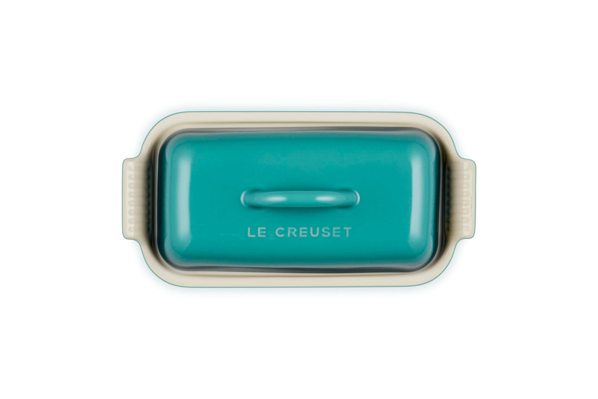 Le Creuset butter dish Riviera glaze closeup highlights chip-resistant surface and smooth glaze.