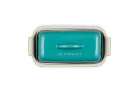 Le Creuset butter dish Riviera glaze closeup highlights chip-resistant surface and smooth glaze.