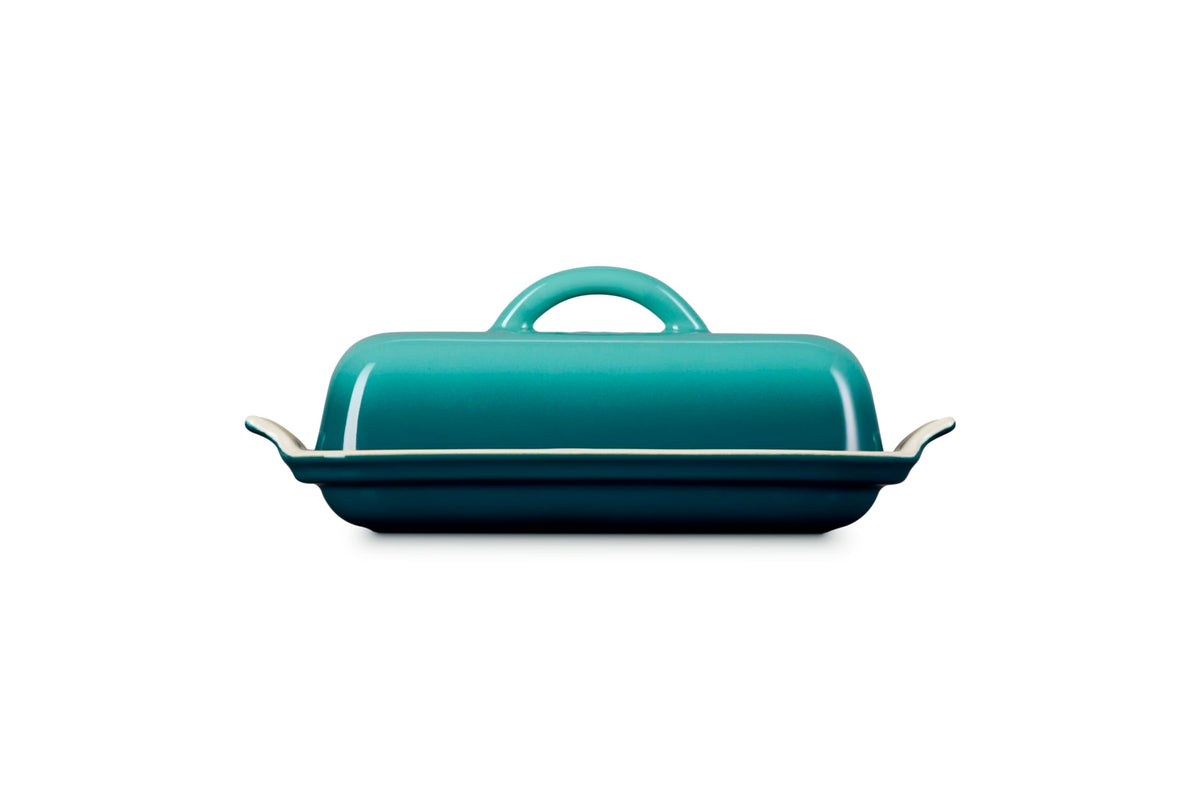 Le Creuset Heritage Butter Dish Riviera on table ready for serving butter at meals.