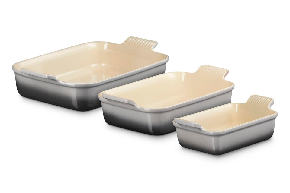 Le Creuset Heritage 12.5-inch oyster rectangular dish, ideal for oven-to-table baking and even browning.