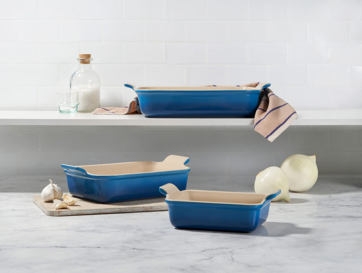 Le Creuset Heritage 7.5-inch oyster rectangular dish with easy release and cleanup.