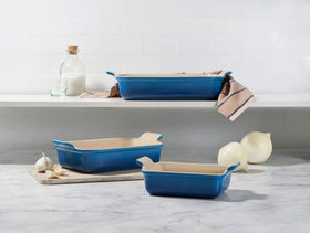 Le Creuset Heritage 7.5-inch oyster rectangular dish with easy release and cleanup.