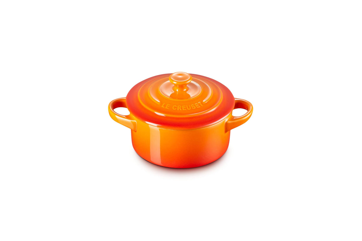 Le Creuset Mini Round Cocotte 8oz Flame, top view highlighting even browning.
