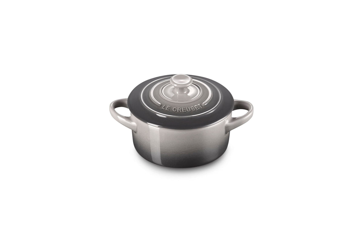 Le Creuset mini round cocotte 8oz oyster close-up showing vibrant glaze and even browning