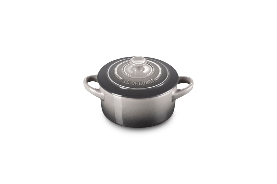 Le Creuset mini round cocotte 8oz oyster close-up showing vibrant glaze and even browning