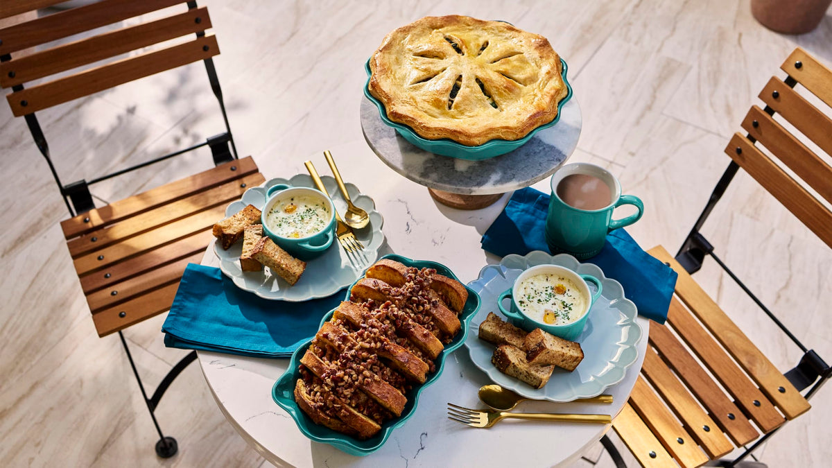 Le Creuset mini round cocotte Riviera glazed finish resists cracking and cleans easily.