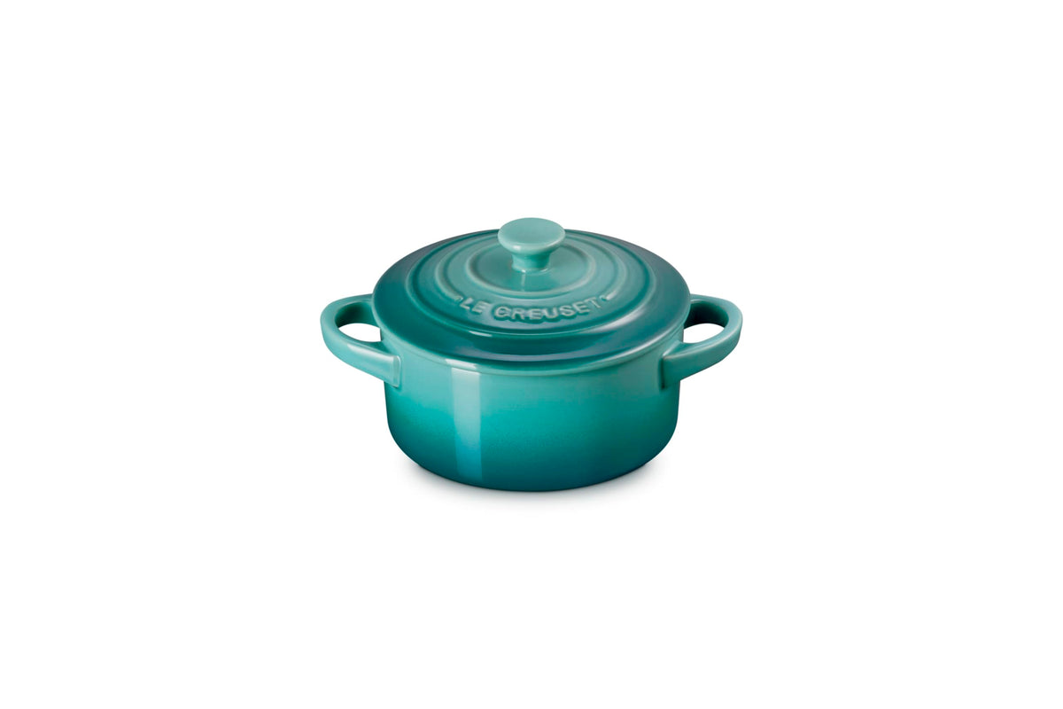 Le Creuset mini round cocotte Riviera, top view, ideal for single servings and even browning.