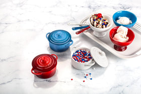 Le Creuset mini round cocotte 8 oz white, close-up enamel, easy food release.