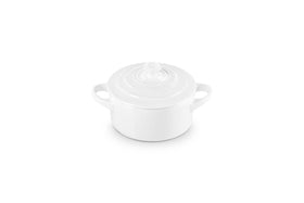 Le Creuset mini round cocotte 8 oz white, top view, ideal for portioned meals.