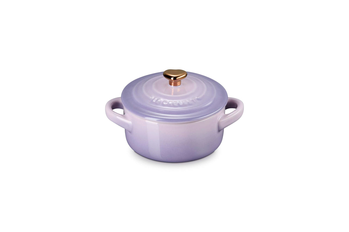 Le Creuset mini round cocotte Provence with gold heart knob ready for single dessert serving
