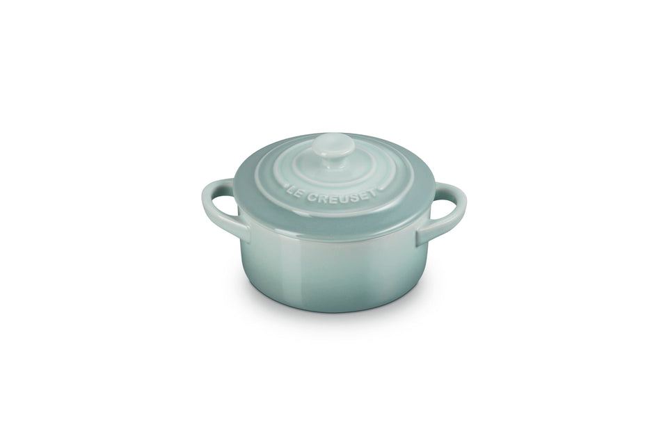 Le Creuset mini round cocotte in sea-salt glaze, offering portioned meals.