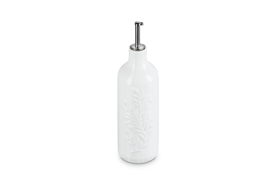Le Creuset Olive Branch Oil Cruet with anti-drip nozzle for precise pouring.