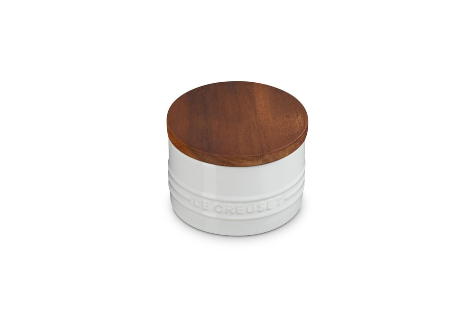 Le Creuset salt cellar with wood lid, airtight seal for freshness and easy access