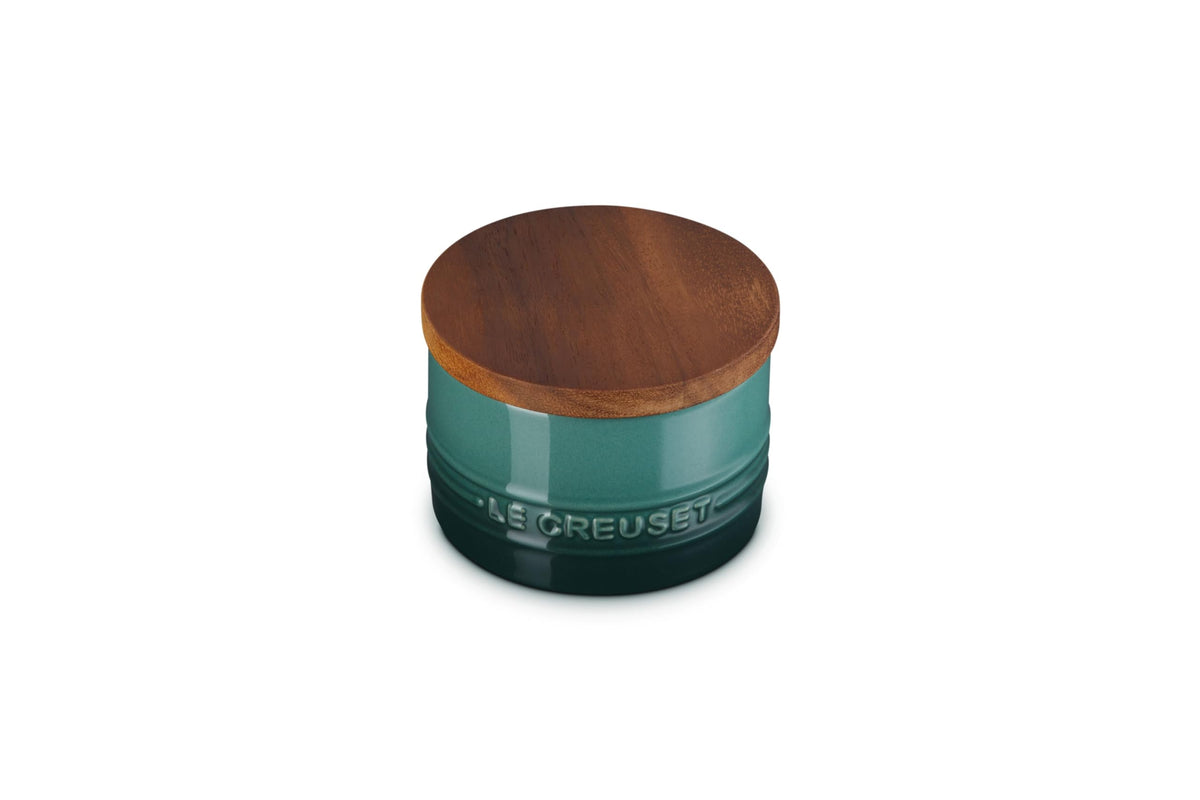 Le Creuset Signature small salt cellar with Artichaut glaze, 7 oz, ideal for kitchen storage.