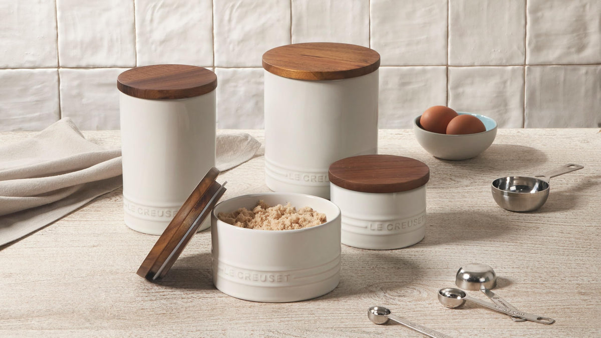 Le Creuset salt cellar front view, compact and space-saving for counters.