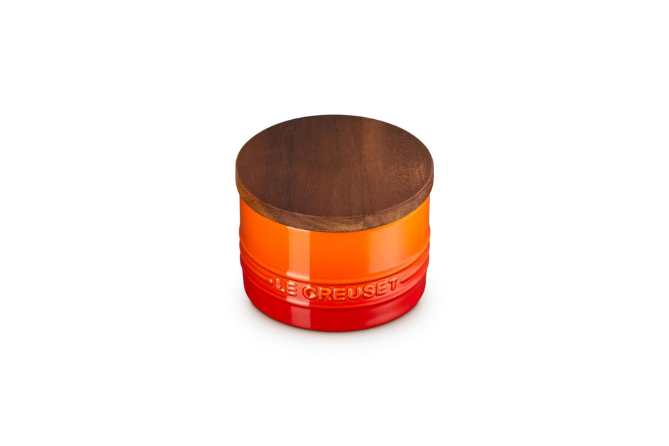 Le Creuset Signature small salt cellar with wood lid for freshness and stylish counter display.